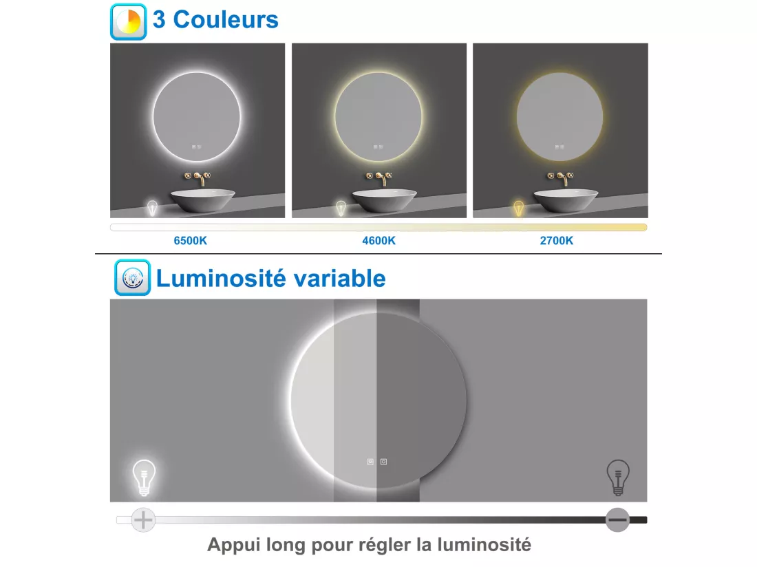 AICA LED Miroir lumineux rond 60cm 3 couleurs + anti-buée + dimmable + mémoire miroir salle de bain