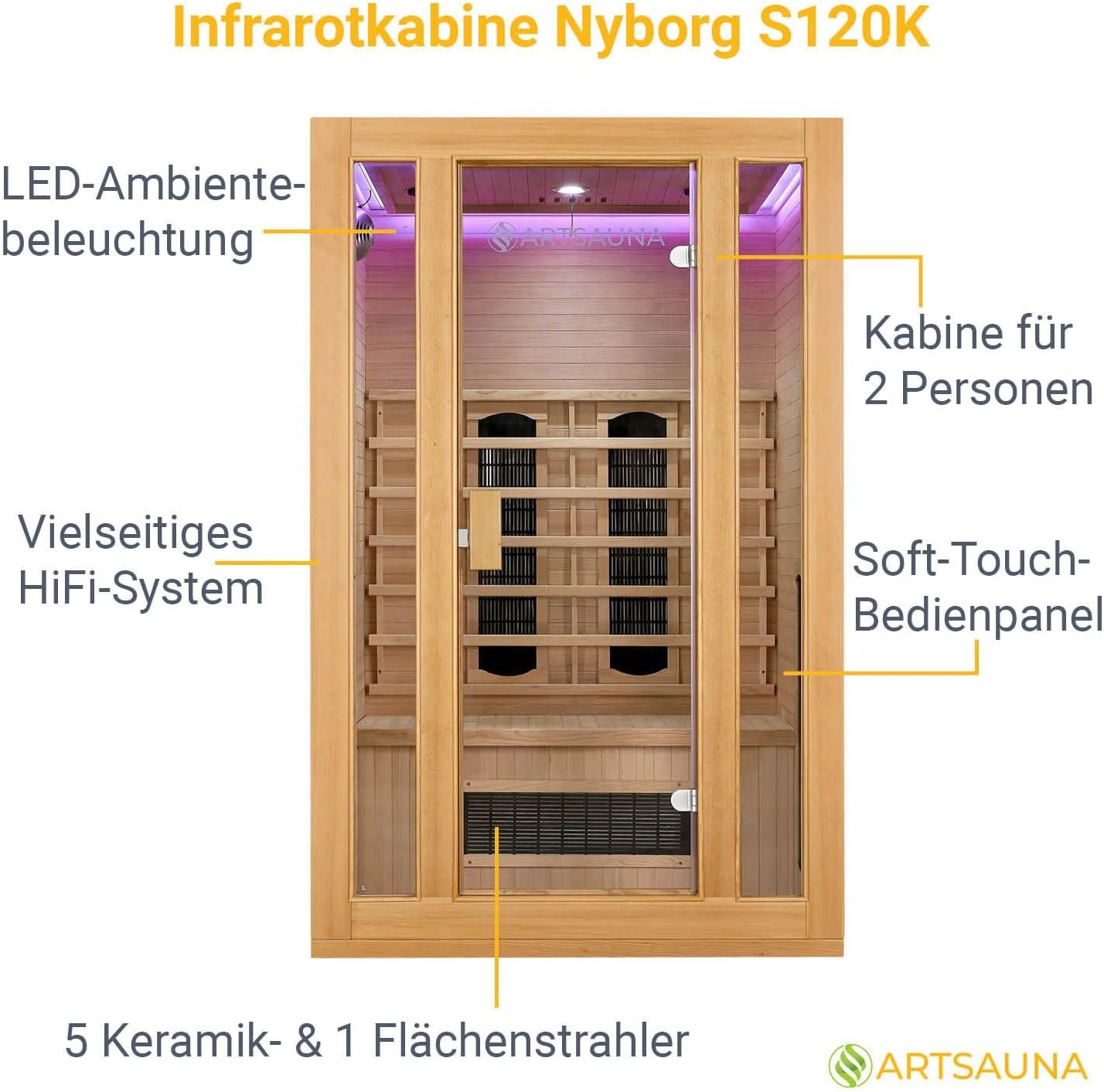 Artsauna Infrarotkabine Nyborg S120K Keramikstrahler & Hemlockholz, 2 Personen, 120 x 105 x 190 cm, LED Farblicht & Glastür, Infrarotsauna Sauna