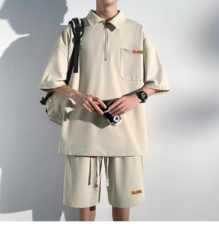 Nightbell - Set: Top met korte mouwen, kraag en halve rits + Shorts met trekkoord in de taille