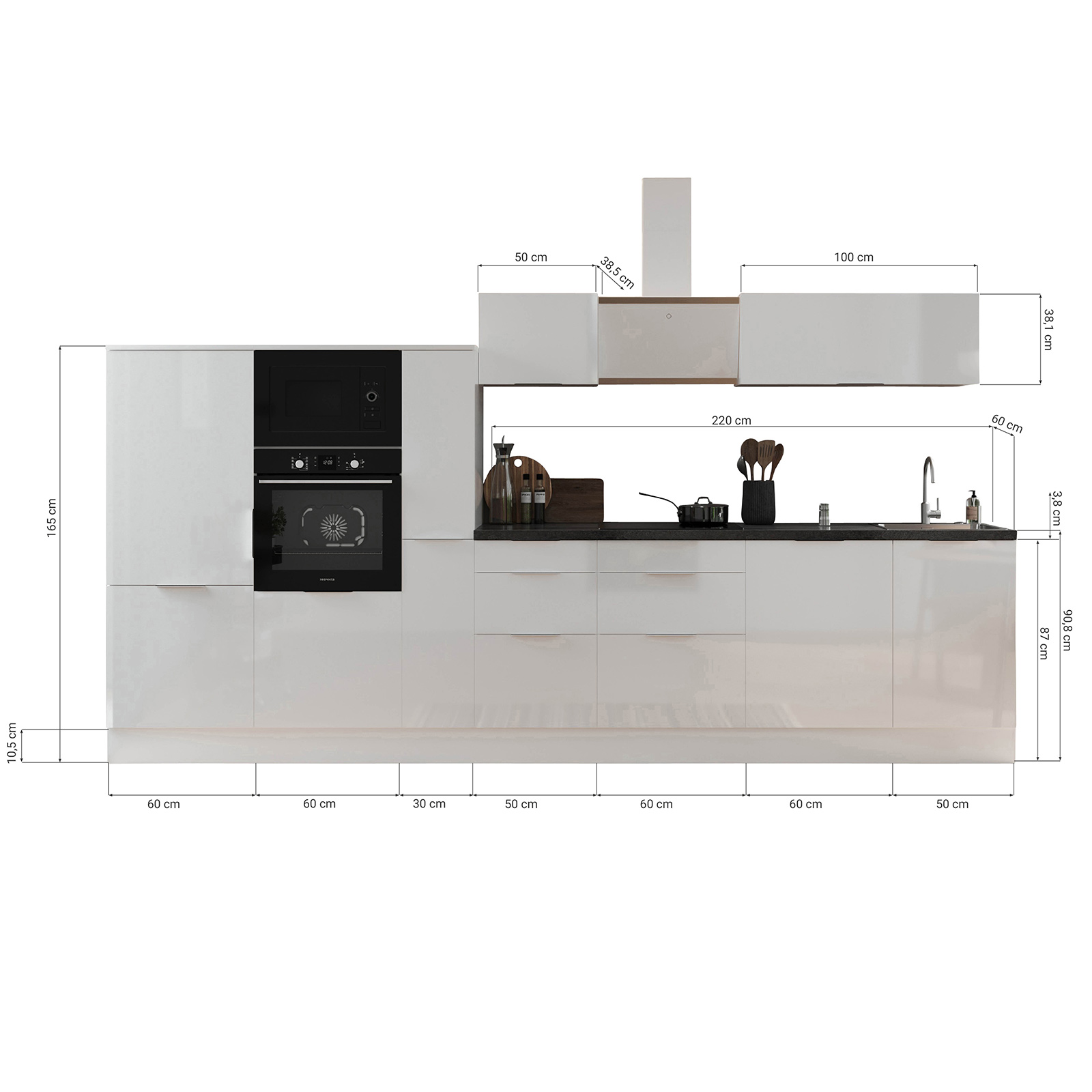 RESPEKTA Küchenblock - grau matt - mit E-Geräten - 370 cm