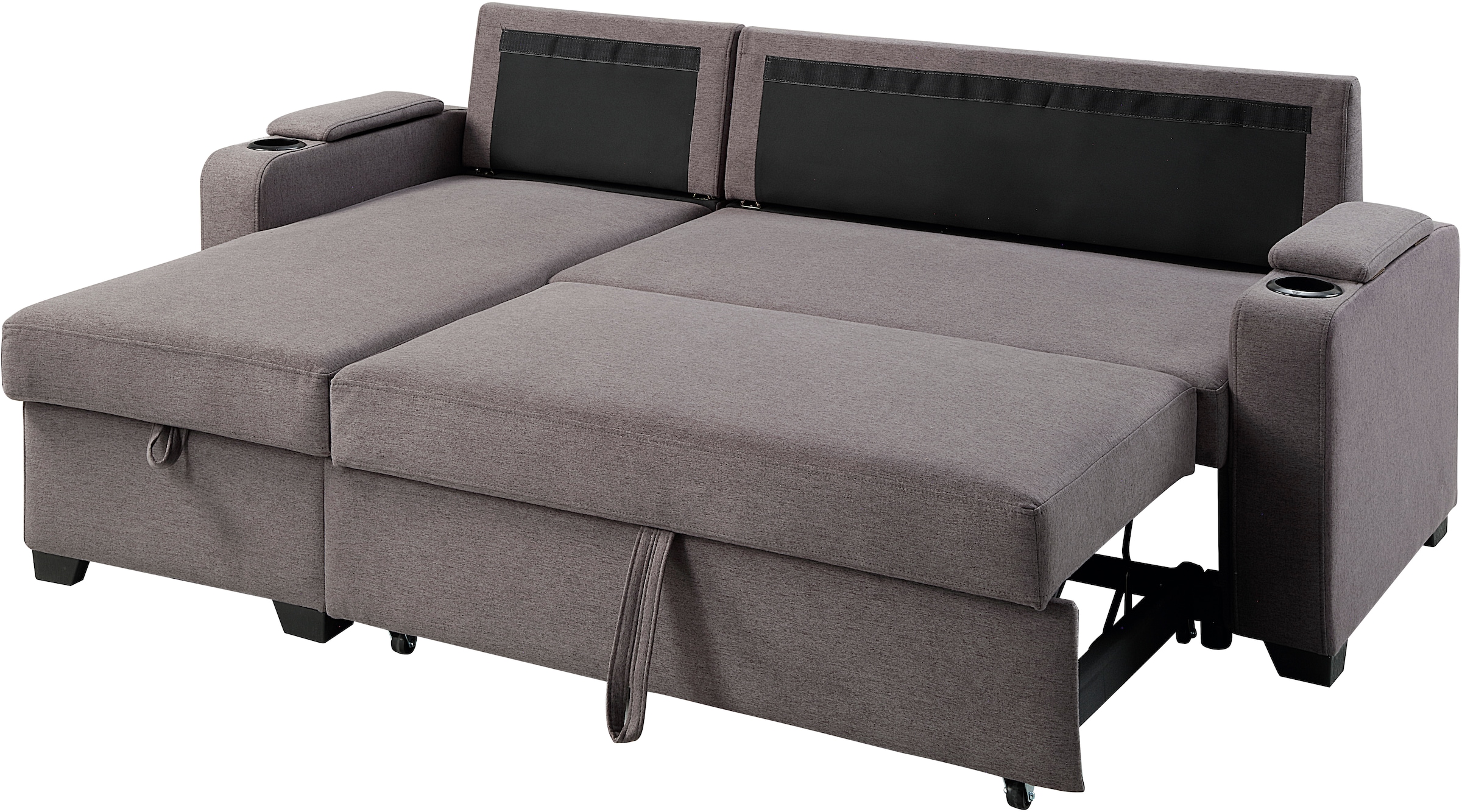 ATLANTIC home collection Ecksofa »Gorje L-Form« mit Schlaffunktion, Stauraum, Becherhalter, Staufächer & Kissenrollen