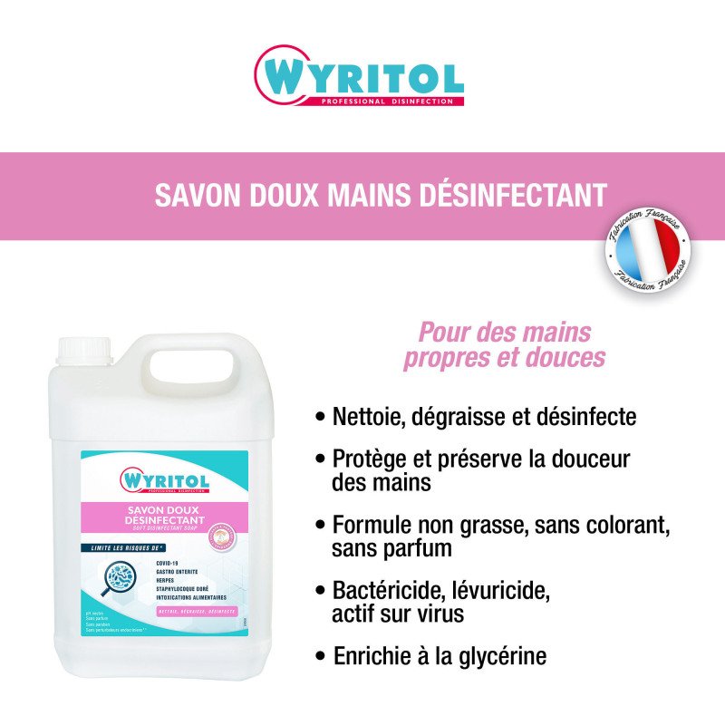 Savon liquide doux désinfectant Wyritol Professional Desinfection - Bidon de 5 L
