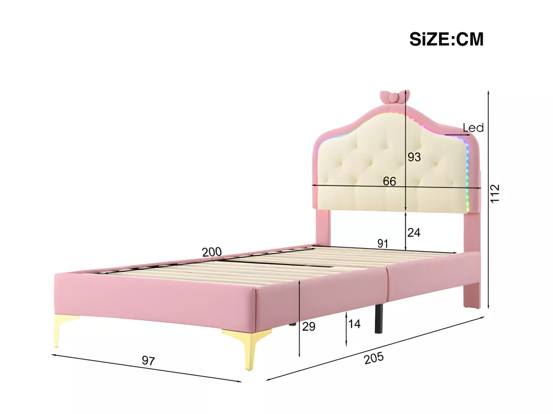 Lit enfant capitonné avec LED colorée et nœud sur la tête - en similicuir - 90x200cm - avec sommier à lattes - Rose