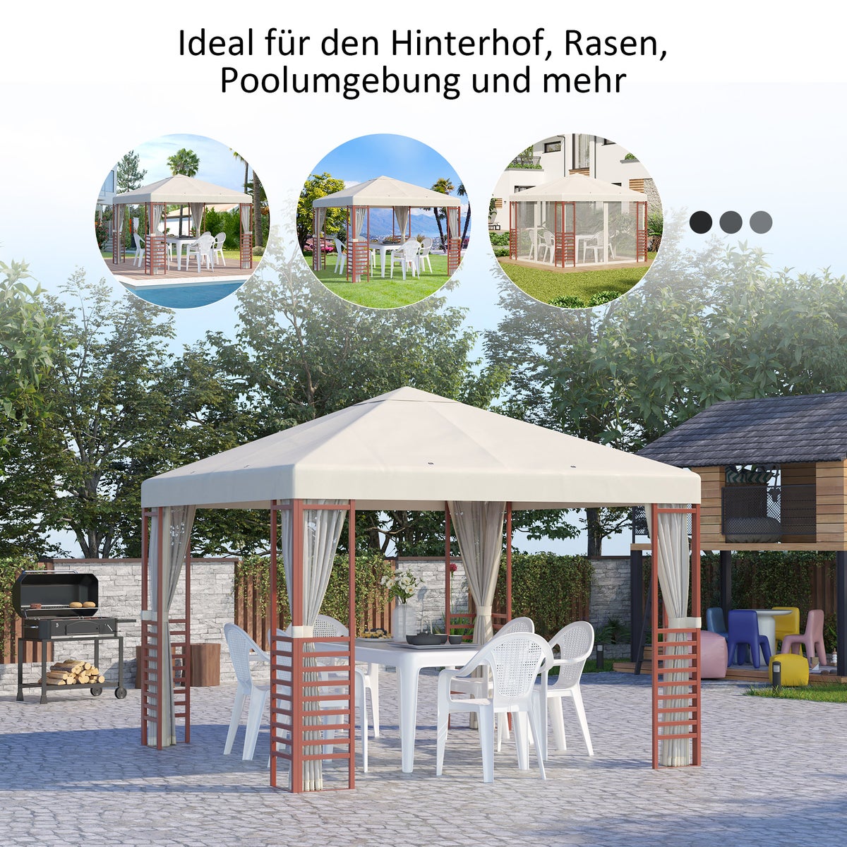 Outsunny Pavilion 2,96 x 2,96 m, Tuinpaviljoen, Tuintent, 296L x 296B x 260H cm, Staal, Polyester, Beige
