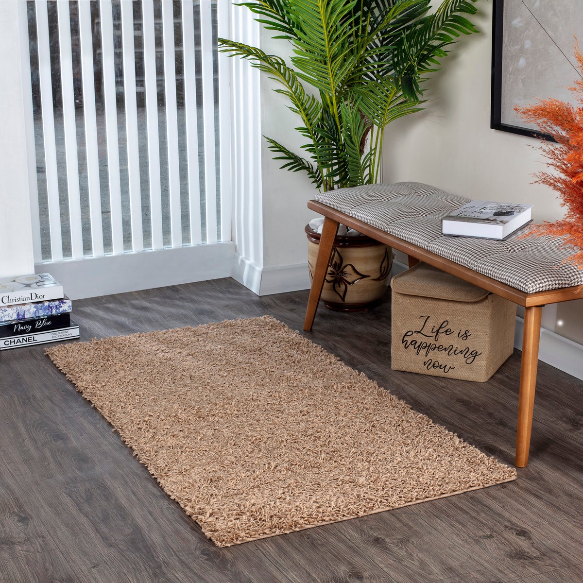 Modern hoogpolig shaggy vloerkleed, donkerbeige, 80x150 cm, LILLY