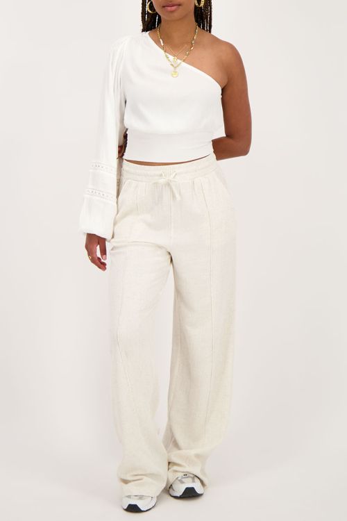 Witte one-shoulder top met smock en tapes