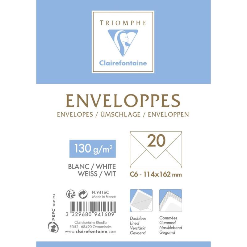 Paquet de 20 Enveloppes Blanches Doublées Triomphe C6 -114x162mm - Gommées - 120g/m2 - Blanc