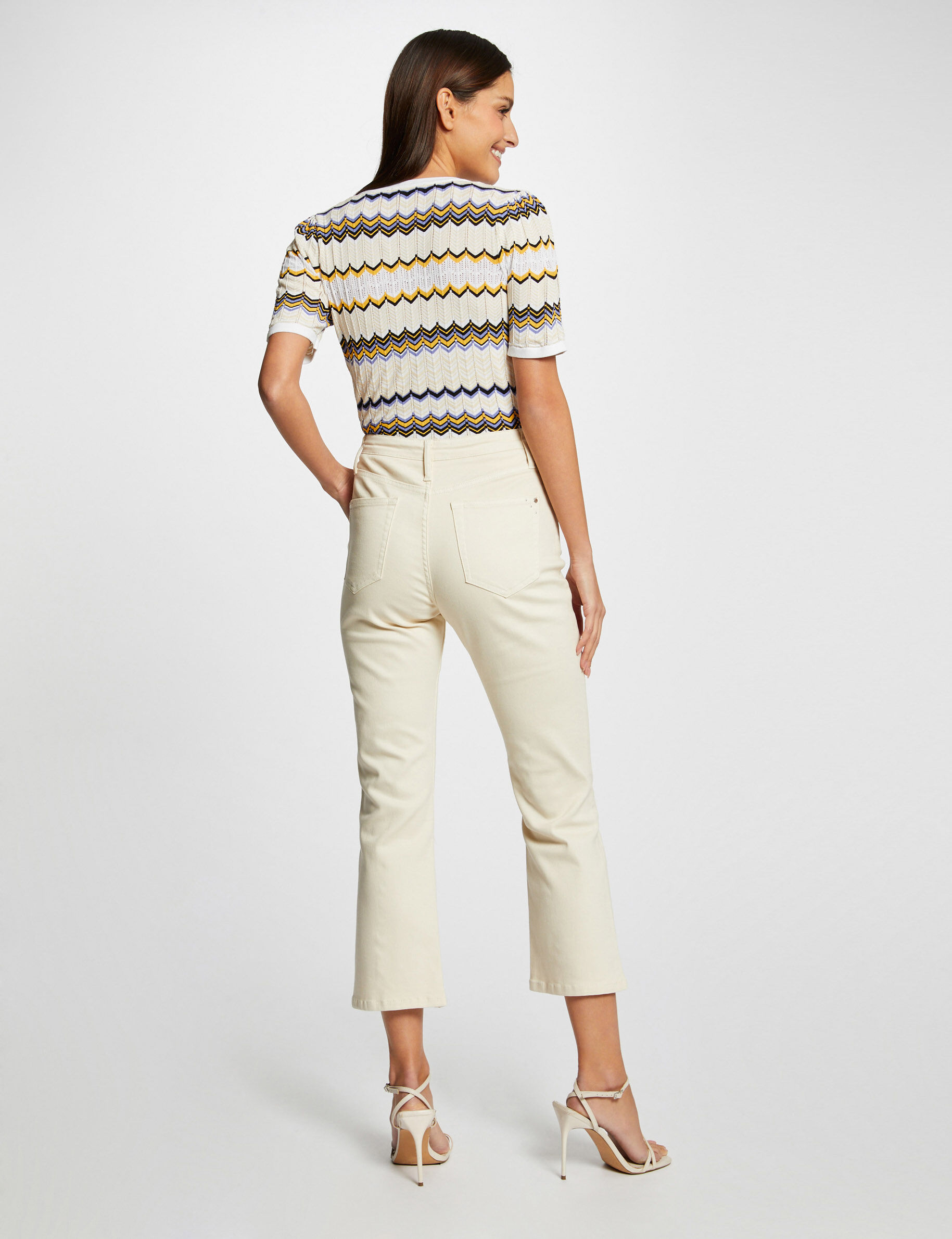 Pull manches courtes imprimé chevron ivoire femme - ivoire