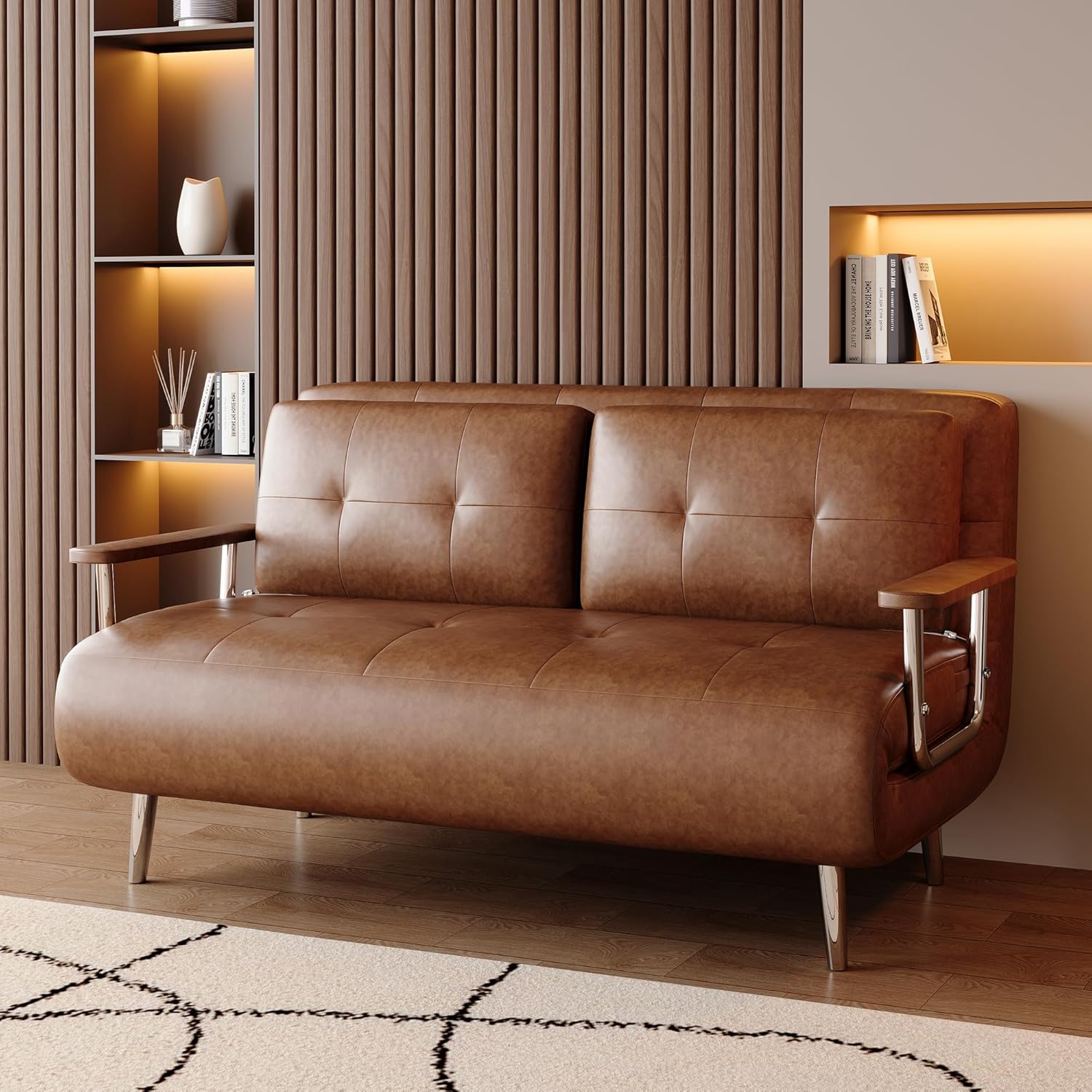 Schlafsofa-Lederoptik, modernes 2 sitzer Sofa mit schlaffunktion, schlafcouch mit Klappmatratze,klappsofa vielfältig einsetzbar für Wohnzimmer, Schlafzimmer & kleine Räume,Braunes（150cm）
