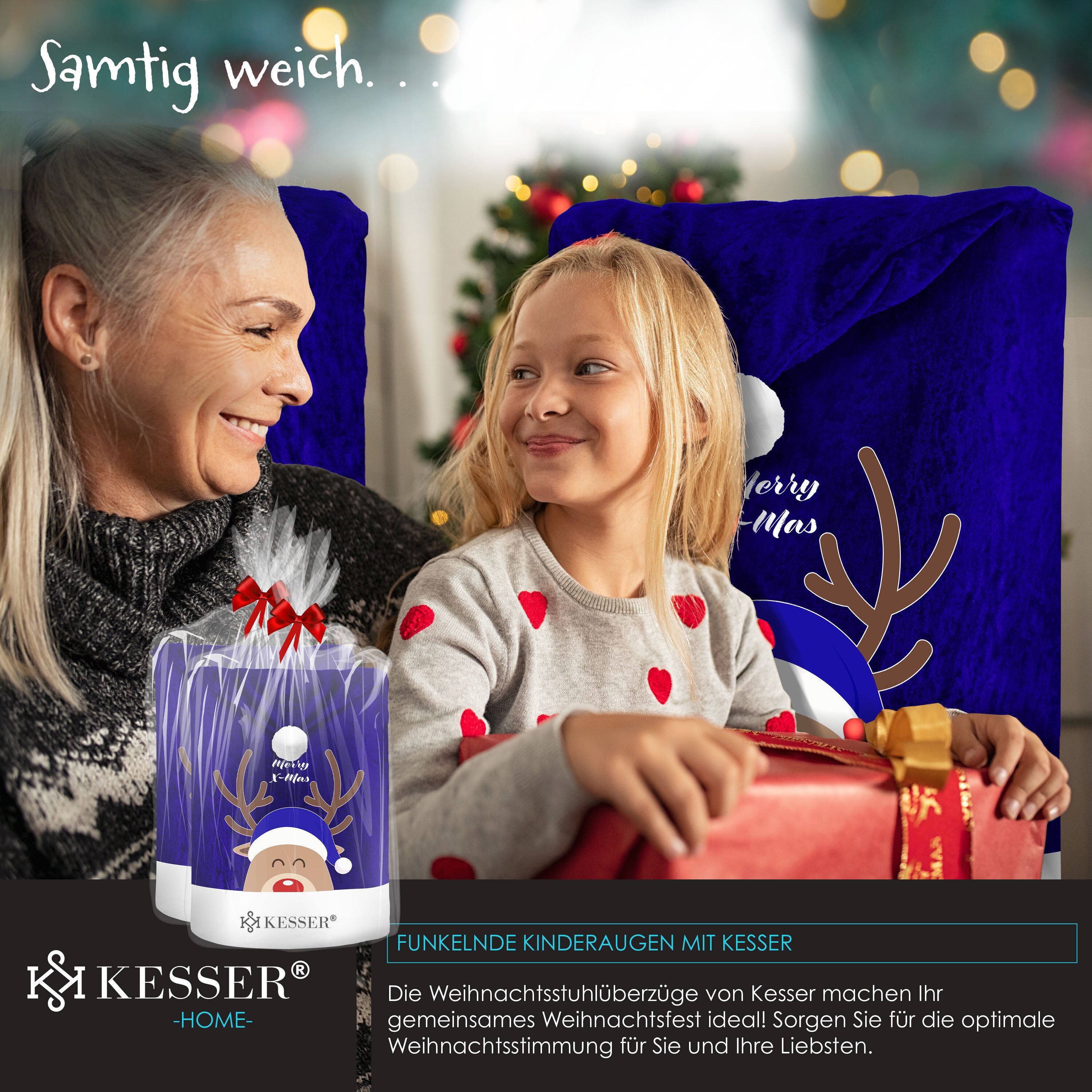 KESSER® Premium Weihnachtsstuhlüberzug Set Stuhlhussen für Weihnachten Nikolausmütze Stuhlbezug Husse Weihnachtsdeko für Stühle Überzieher - Stuhlabdeckung im weihnachtlichen Design
