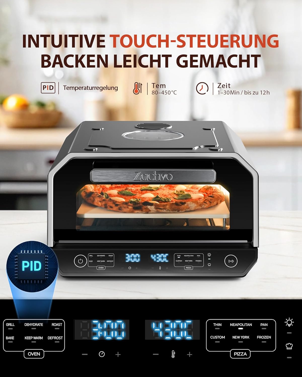 Pizzaofen Elektrisch, bis 450°C für 90-Sekunden-Neapolitanische Pizza, 13 Programme (6 Pizza- & 6 Kochmodi + Profi-Funktion), Doppelte Heizelemente, Pizzaschaufel & Pizzastein & Backblech