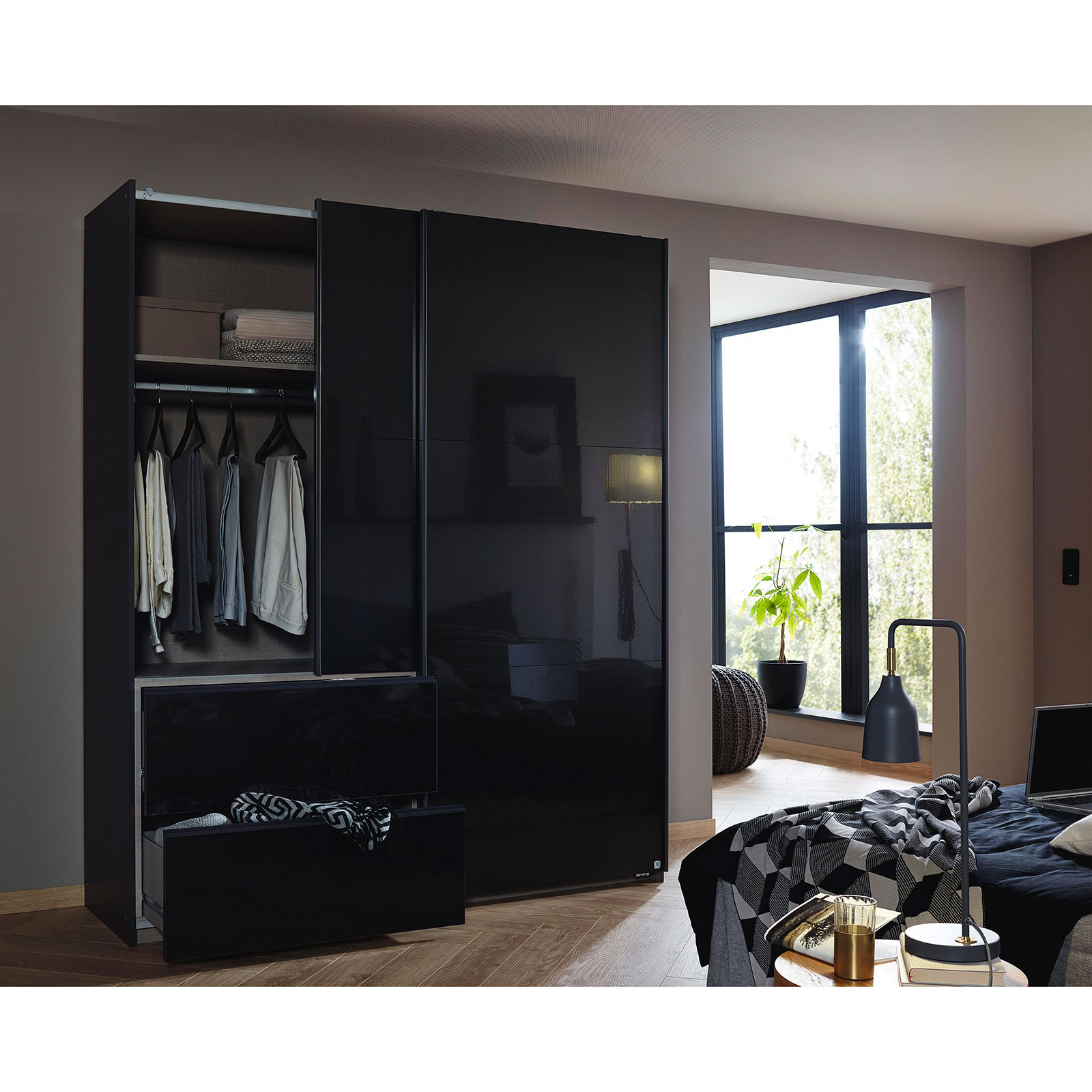 Schwebetürenschrank - effektgrau- Hochglanz - 175 cm breit