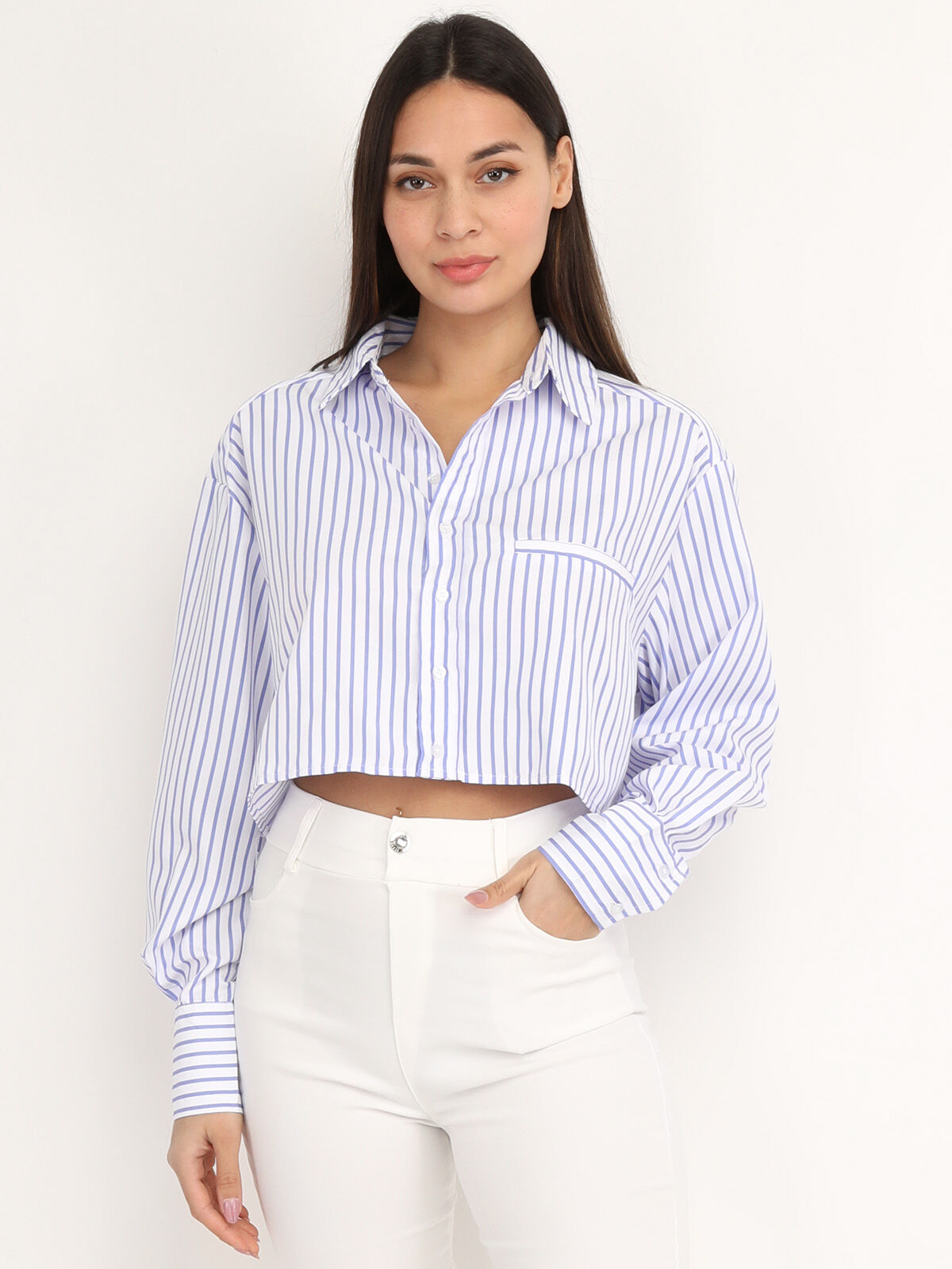 Chemise cropped à rayures- Blanc