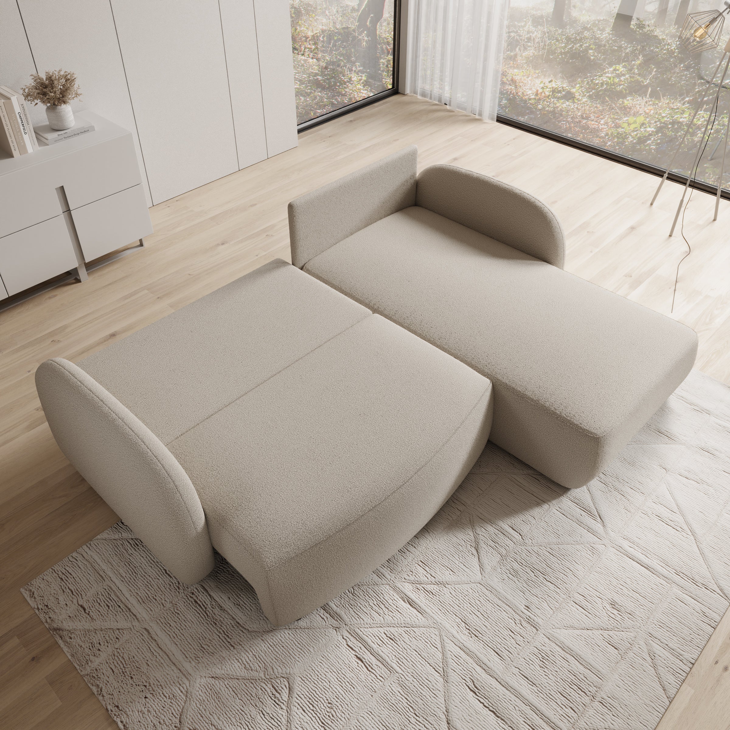 Ometa - Hoekbank 3-zits met slaapfunctie - Teddystof beige