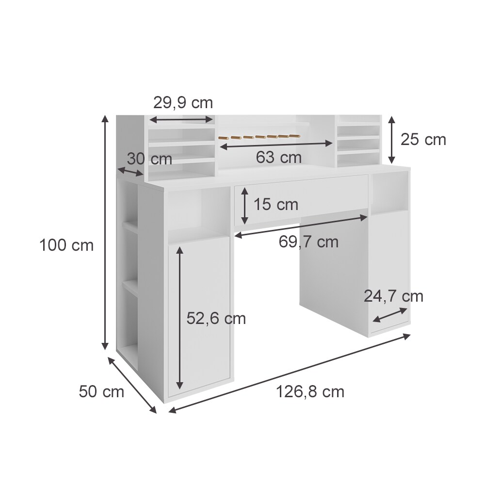 Vicco Schreibtisch Basteltisch XL 126,8 x 100 cm, Weiß mit Regale, Schubfach