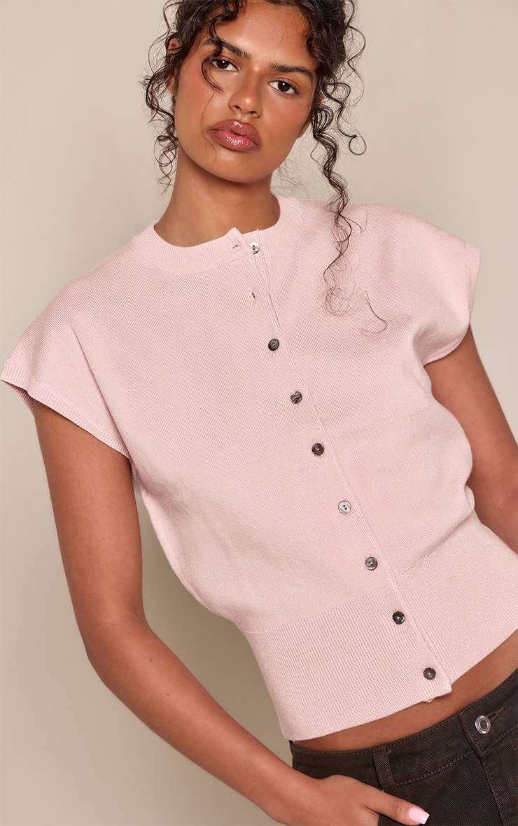 Rose Gilet Court En Maille Compacte À Manches Courtes Avec Détail Froncé