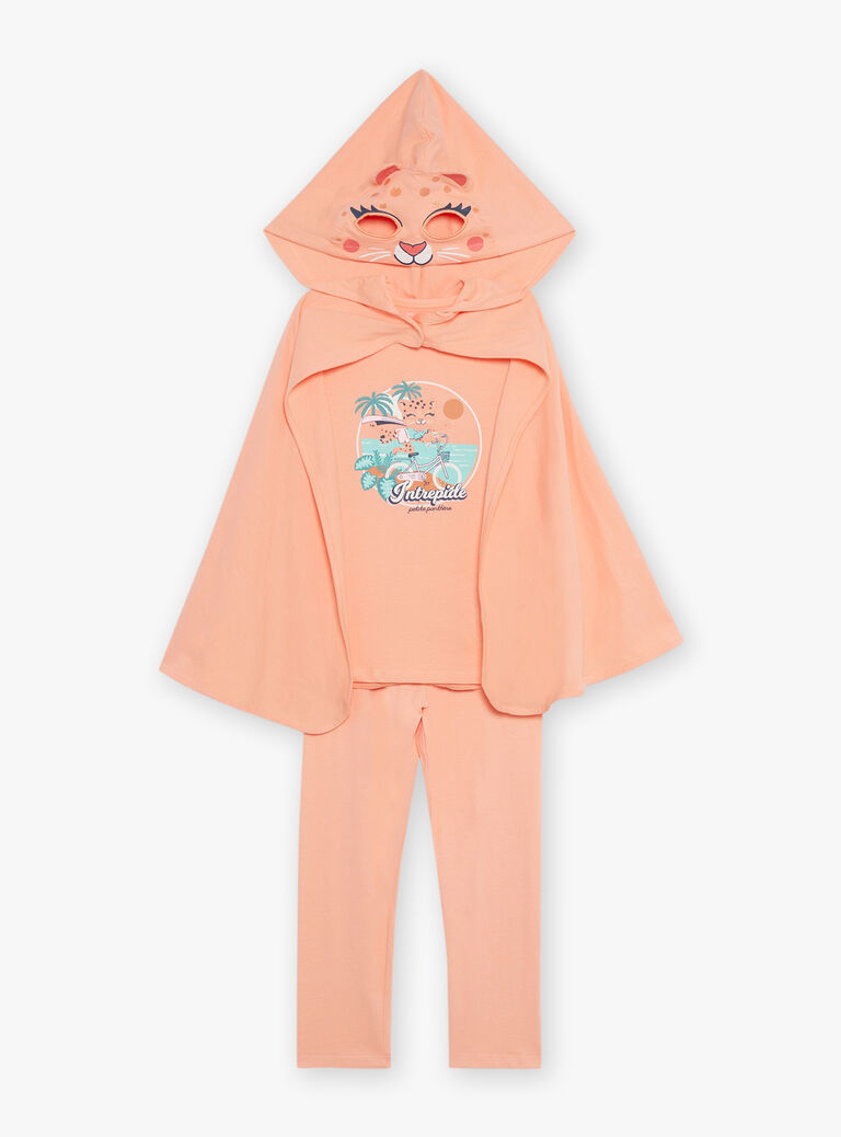 Pyjama deux pièces orange pâle en coton avec cape tête de panthère