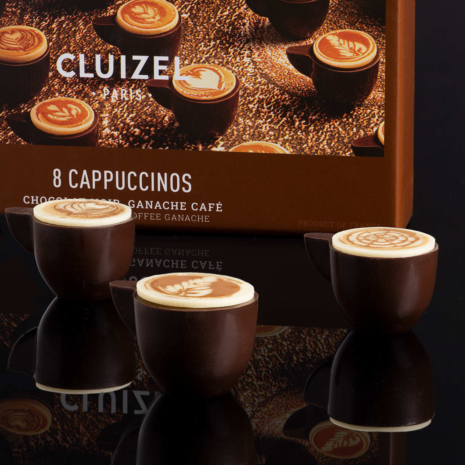 Coffret 8 cappuccinos en chocolat noir fourré ganache café