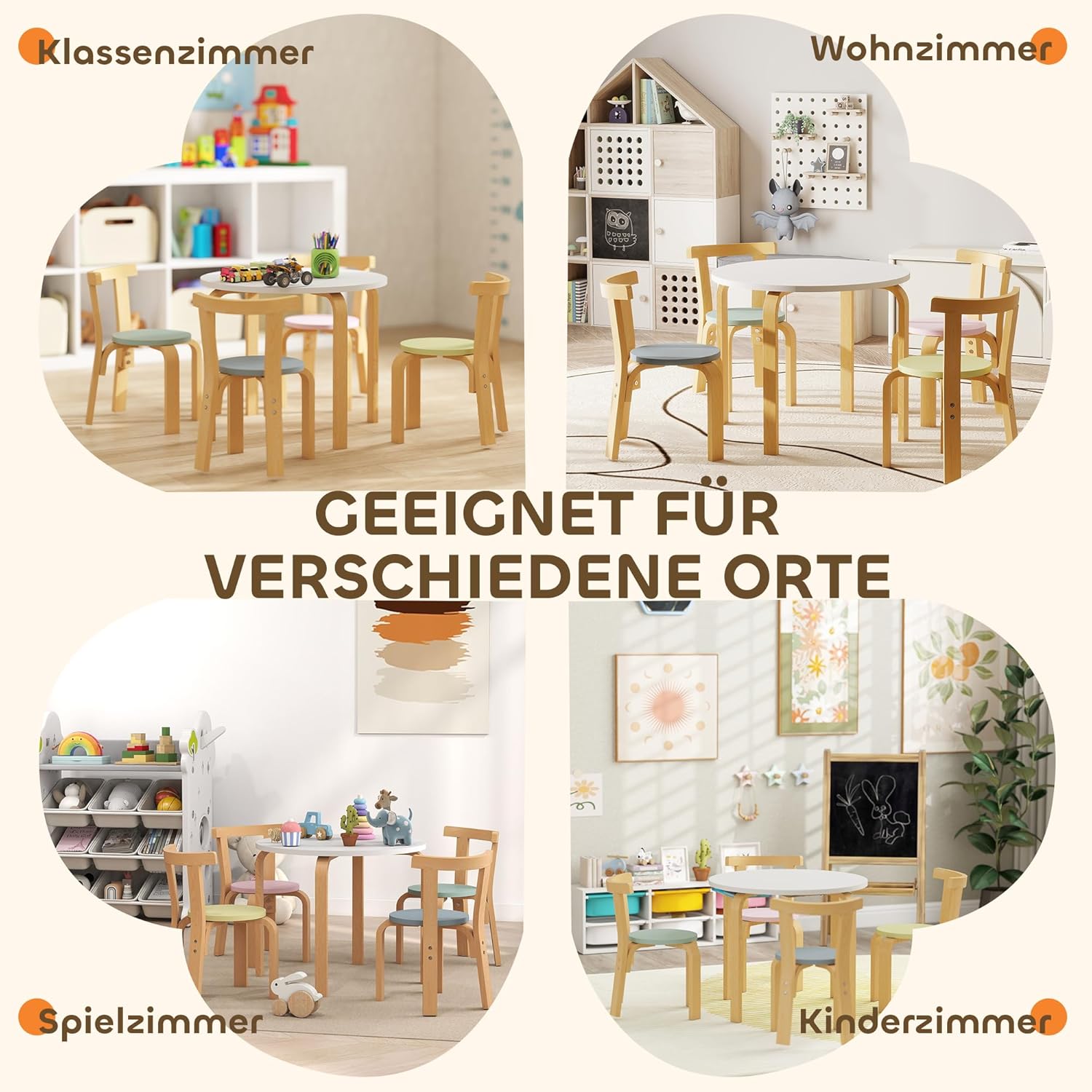AIYAPLAY Kindertisch Holz mit 4 Stühlen 5-teilig Kinder Tisch Stuhl Set Kindersitzgruppe Sitzgruppe für Kinderzimmer, für 3-8 Jahre Kinder, Bunt