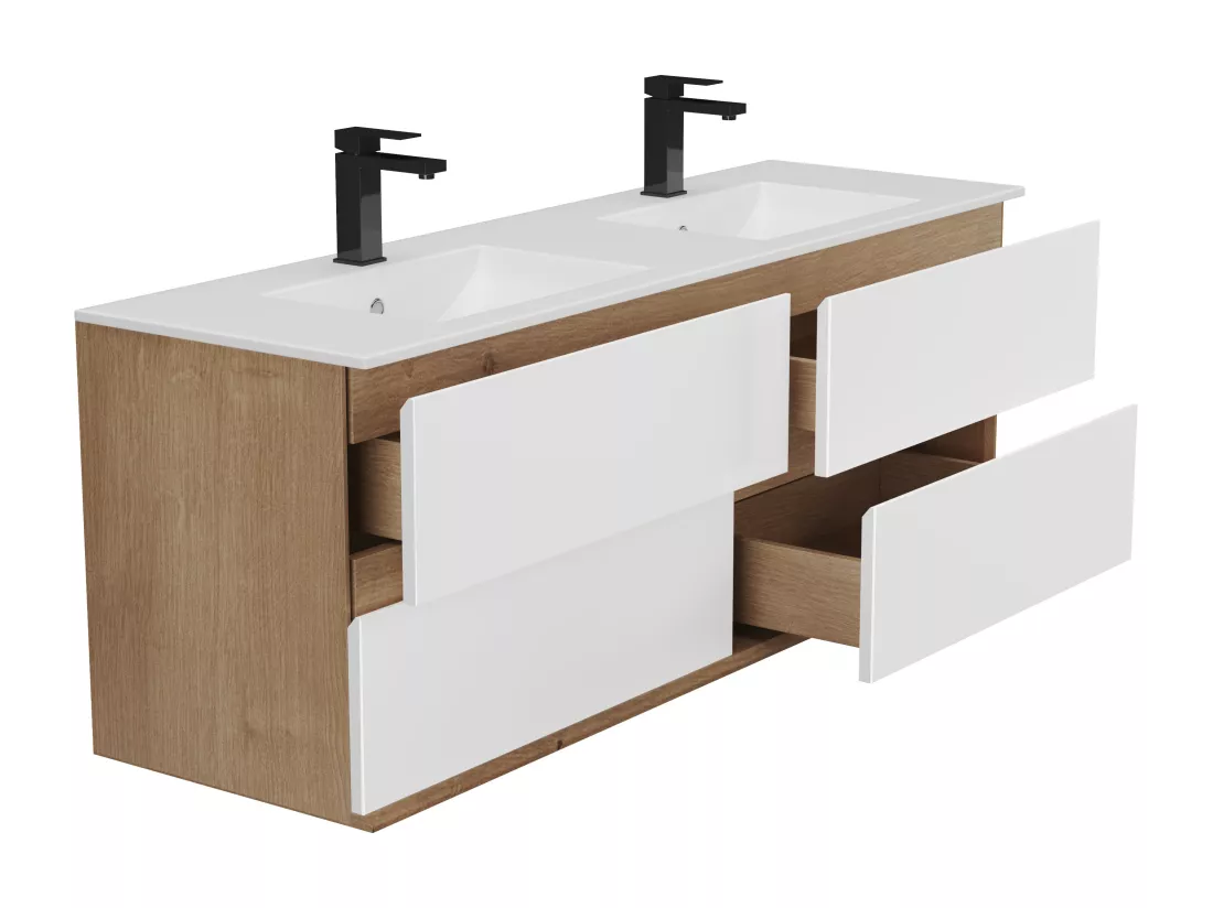 Meuble de salle de bain suspendu avec vasque à encastrer - Coloris naturel clair et blanc - 150 cm - SABURI