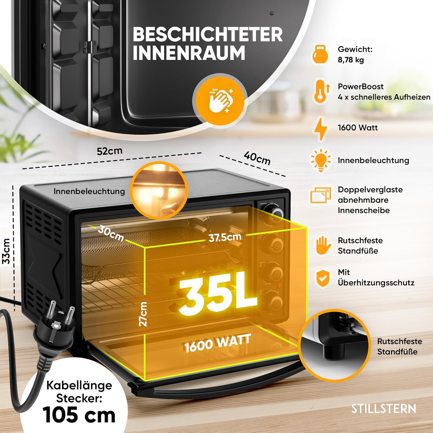 Stillstern Minibackofen mit Umluft 35L (DE Version) Pizza Ø28, CYCLONE PRO+ Antihaftbeschichtung, Auftauen, 2h Timer, Camping Mini Backofen Umluft Pizzaofen Mini Ofen klein Hähnchengrill mit Drehspieß
