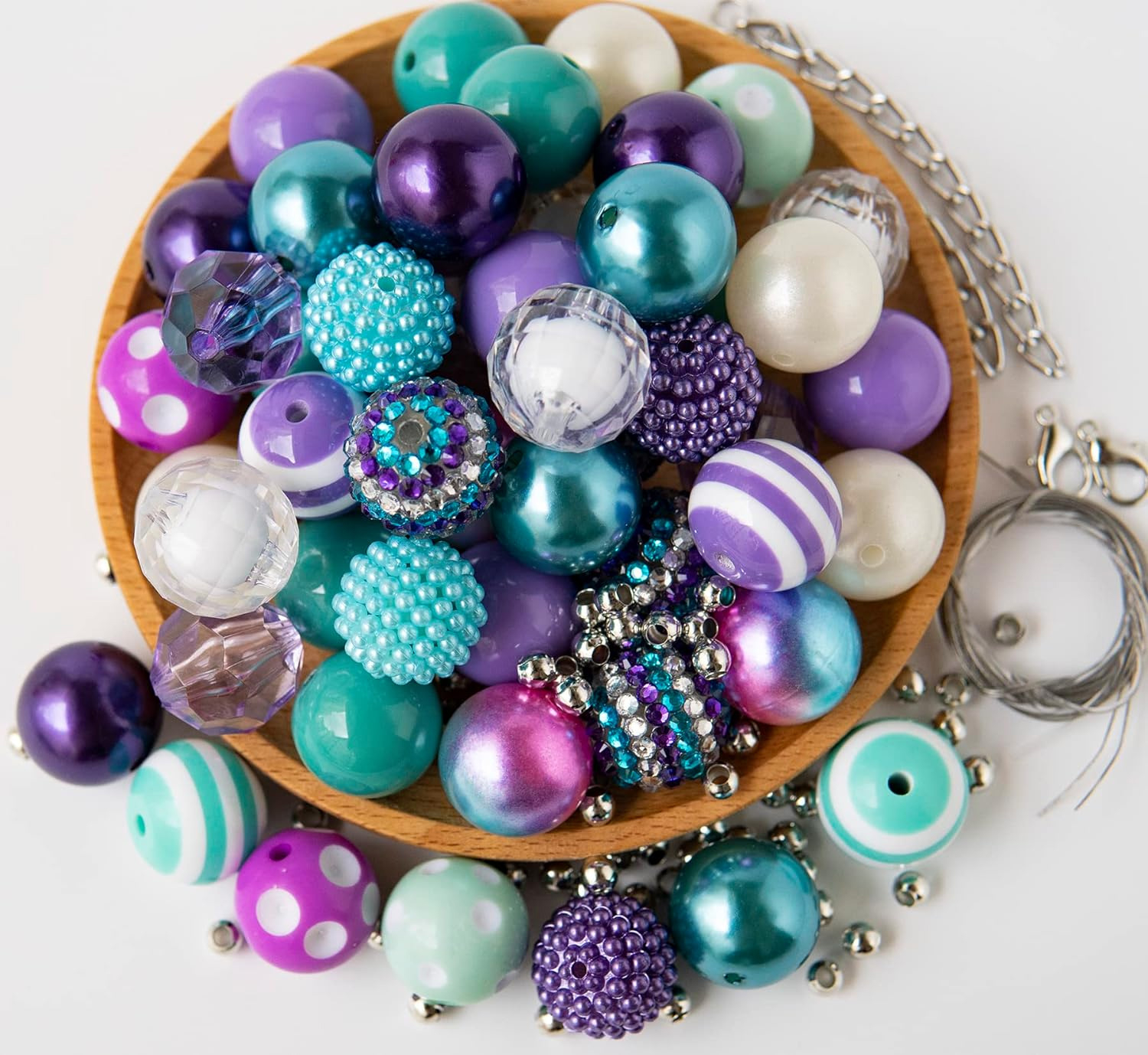 (95-tlg. Set) Grosse Strass Perlen DIY Bastel Schmuck Glitzer Zwischenperle Armband / Ketten Zubehör - Lila / Türkis