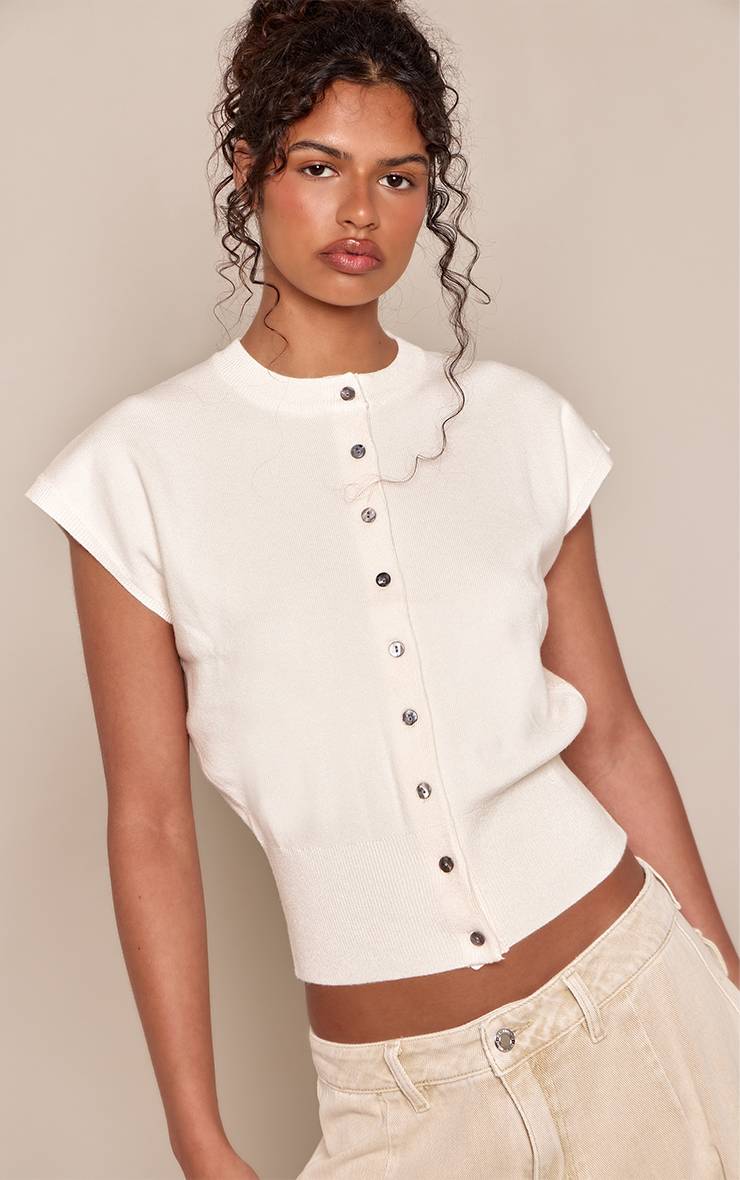 Crème Cardigan En Maille Compacte Cintré À Manches Courtes
