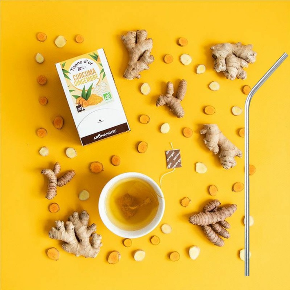Tisane d'or bio curcuma-gingembre 20 sachets + 4 pailles en inox