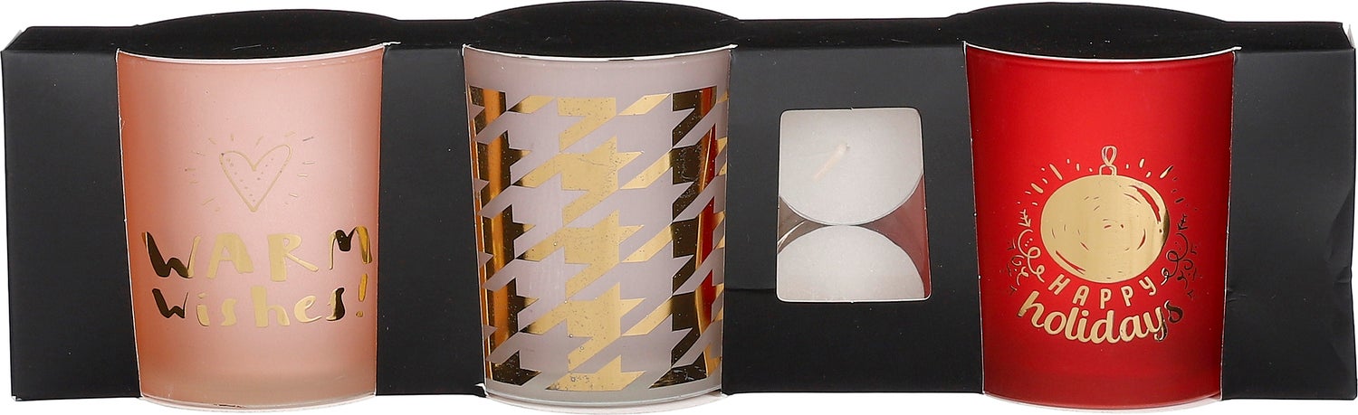 House of Seasons waxinelichthouder set roze / wit / rood D 7 H 8 cm 3 stuks