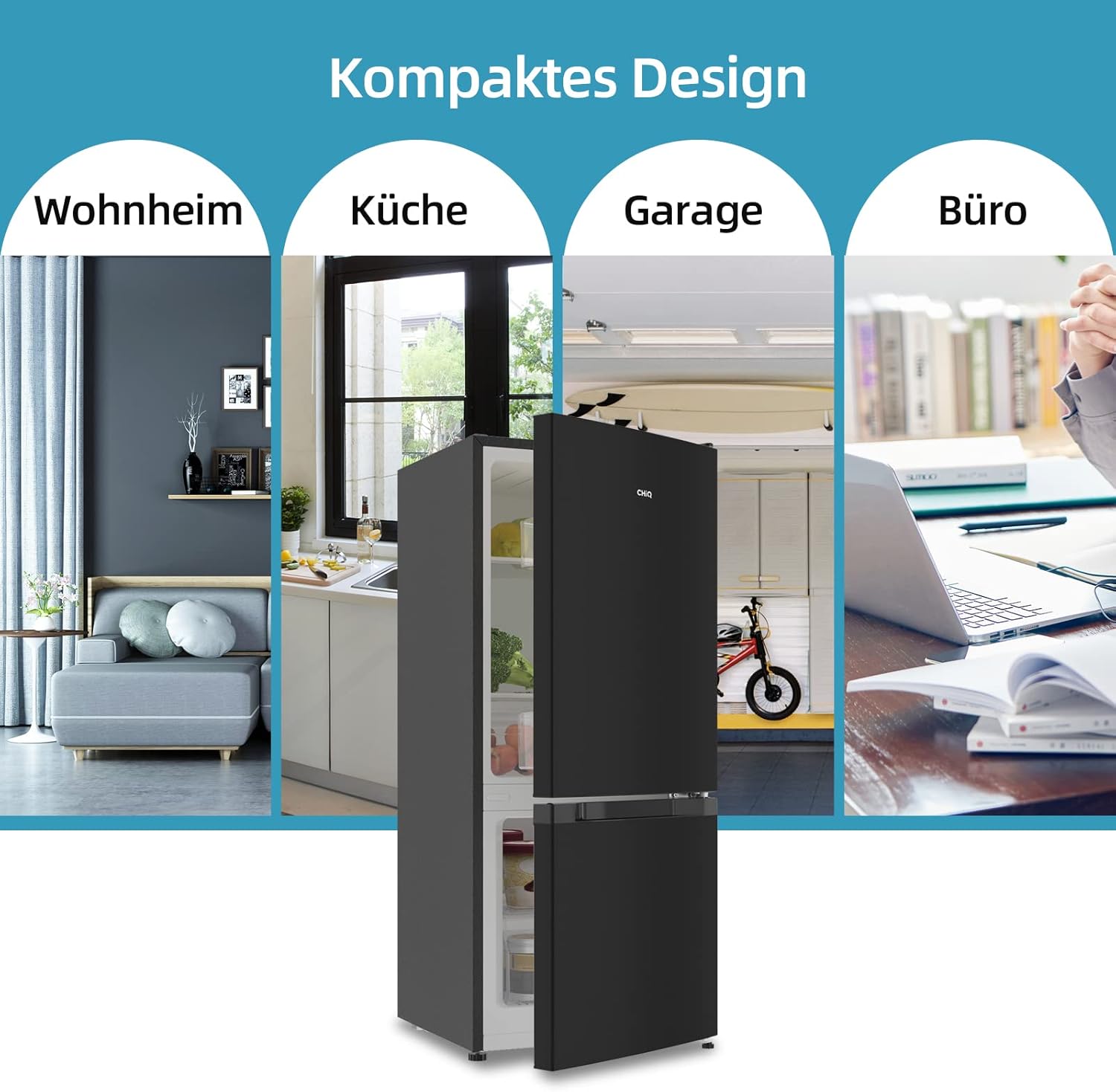 CHIQ Freistehender Kühlschrank mit Gefrierfach | Kühl-Gefrierkombination 114 cm Höhe, 47 cm Breit, 117L| 4 Sterne Gefrieren -24℃ | LED Litcht | Dunkler Edelstahl Look, for Eigentumswohnungen
