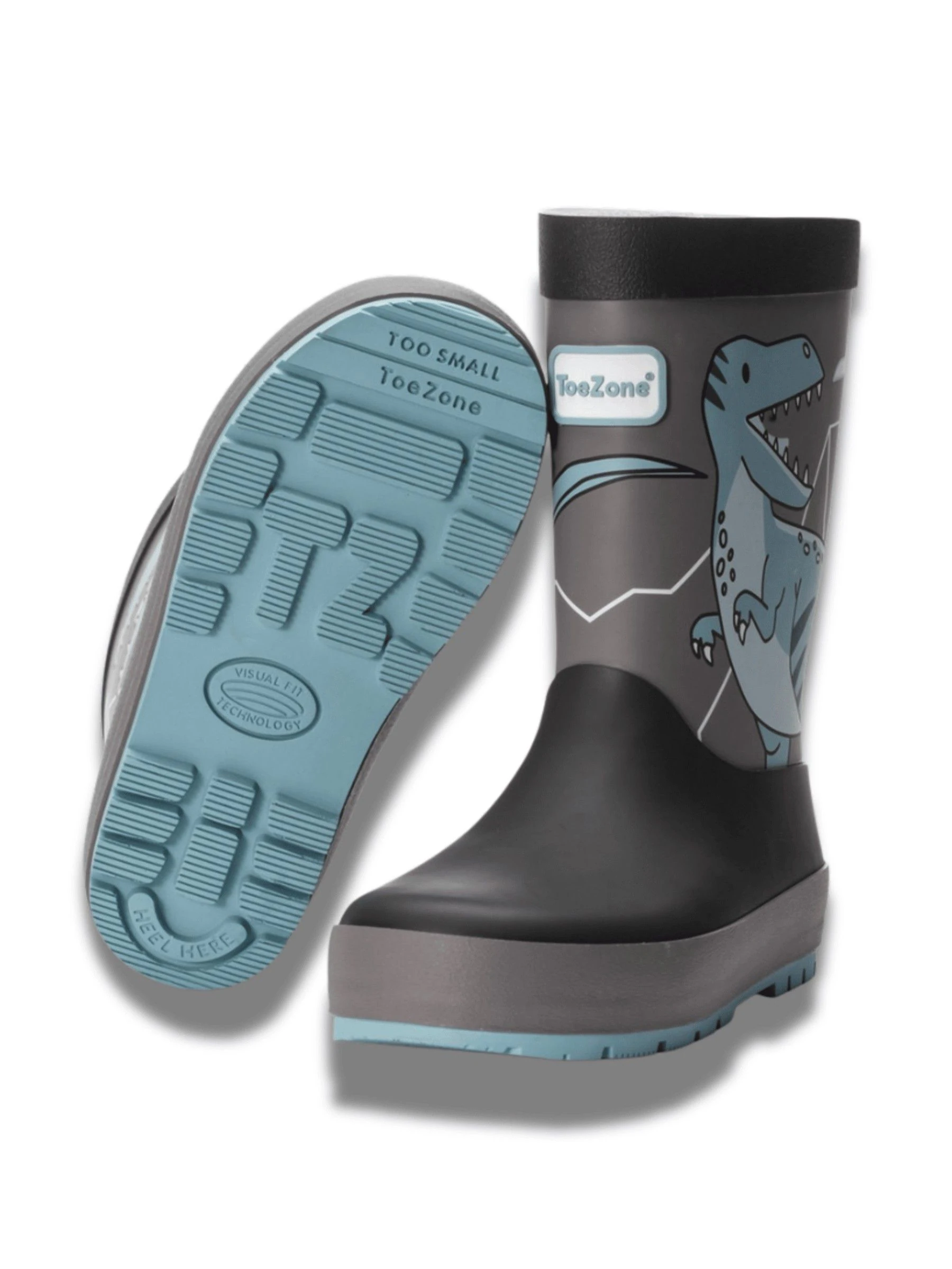 ToeZone Boys Grey Dinosaur Waterproof Wellies