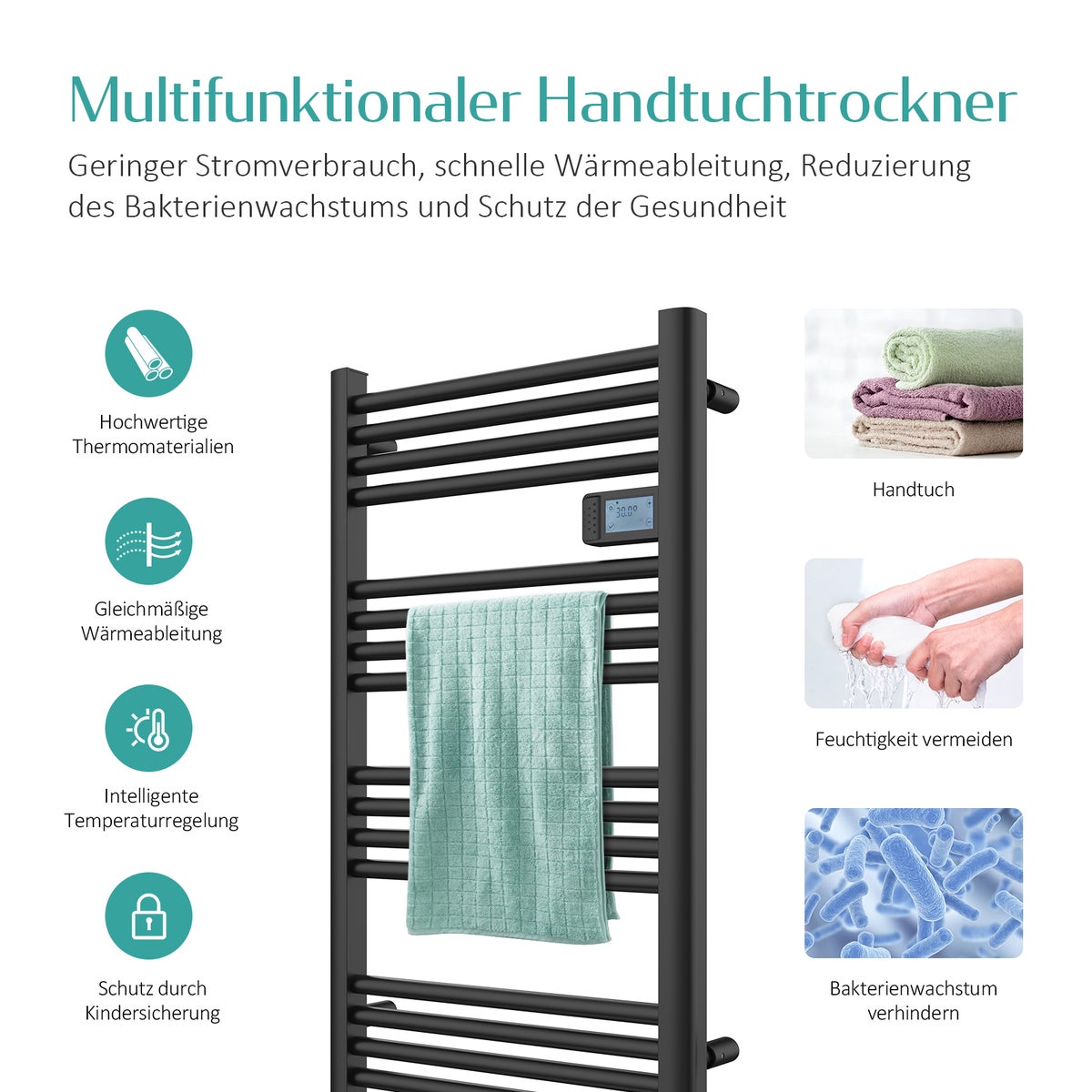 EMKE Elektrische Badkamerradiator met Intelligente Thermostaat, Recht met Zijaansluiting en Verwarmingselement, Aluminium Antraciet