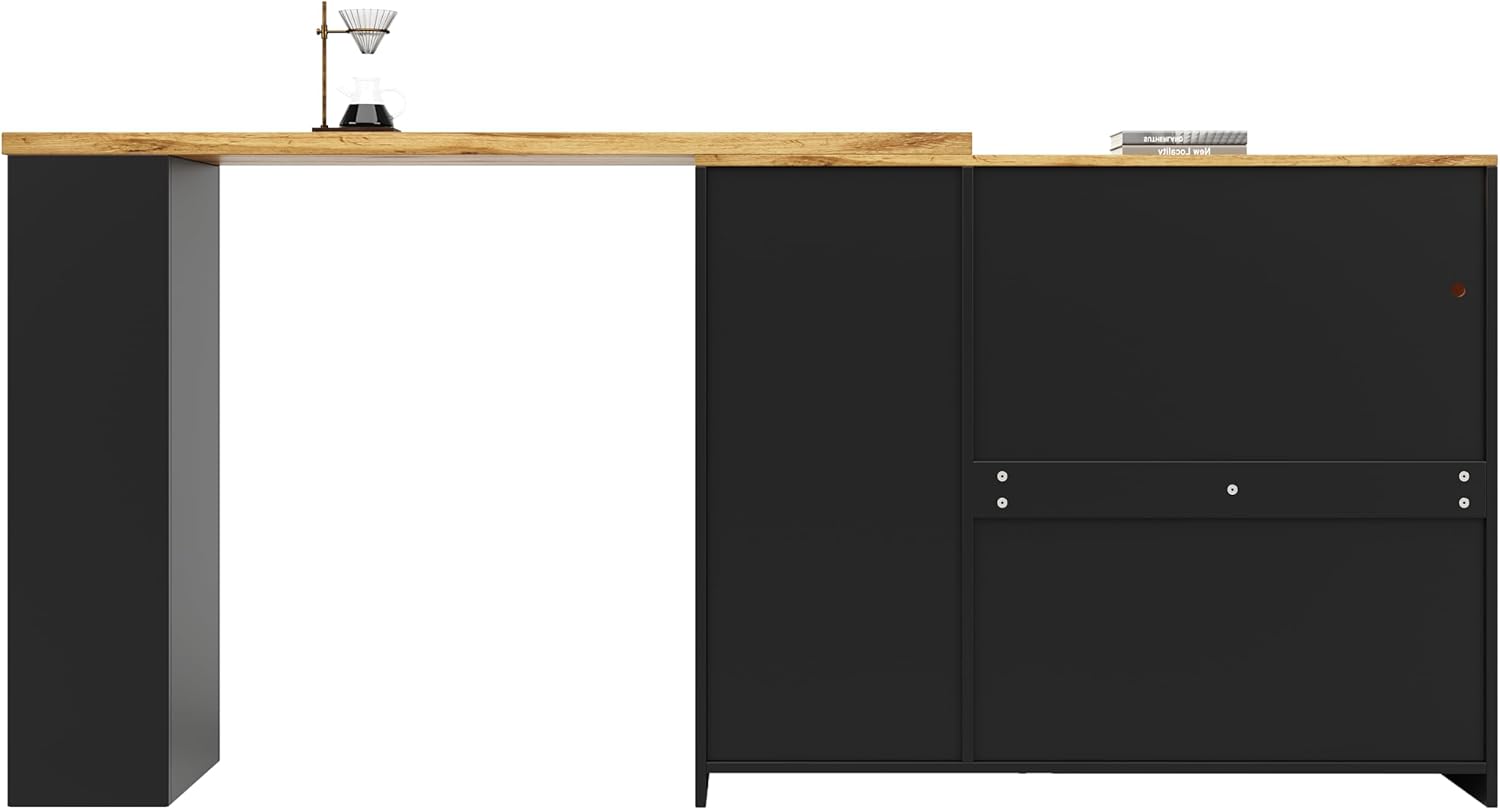 Um 360° drehbarer Bartisch (Hauptkörper: 198 x 39,6 x 97 cm), Mattschwarzer Schrank mit Schreibtisch in Holzmaserung, mit Changhong-Glasschranktür und LED-Licht, Sideboard