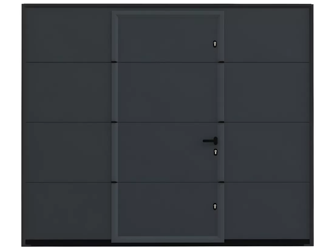 Porte de garage sectionnelle effet lisse portillon central anthracite motorisée L254 x H213 cm - LAVEGA
