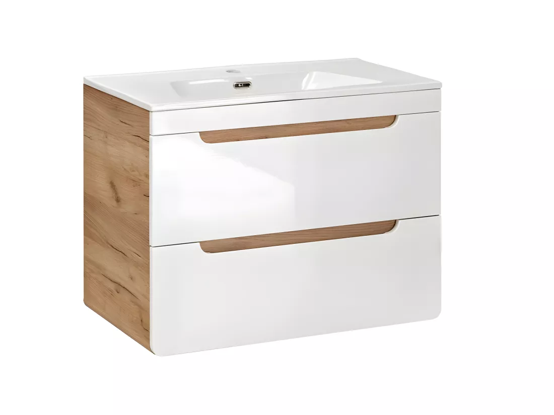 Meuble sous lavabo de salle de bain - Chêne artisanal doré et blanc brillant - L80-H59-P46 - ARRIBA