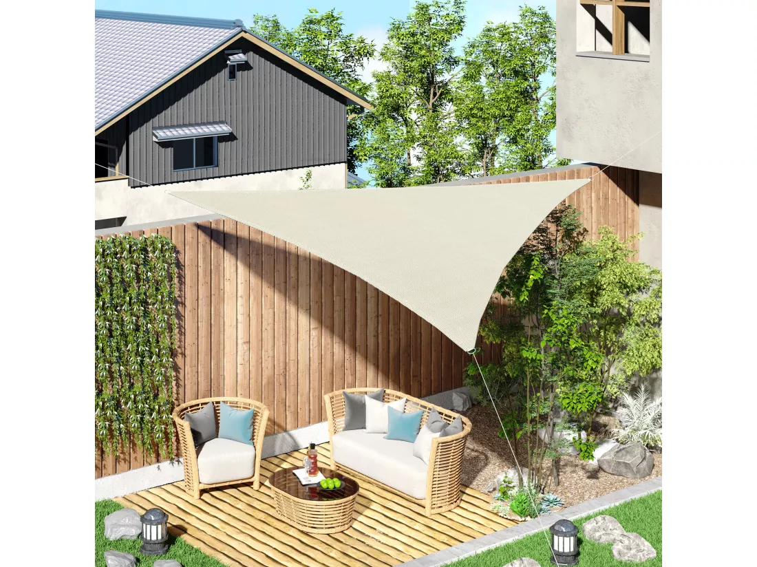 Voile d'ombrage triangulaire grande taille 3 x 3 x 3 m polyéthylène haute densité résistant aux UV coloris crème