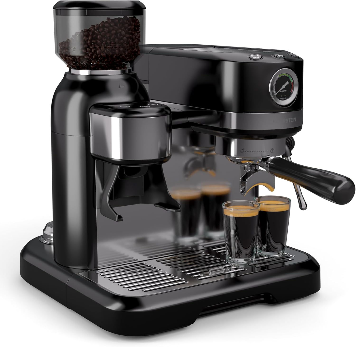 Klarstein Bella Café Siebträgermaschine Mit Mahlwerk – 19 Bar, 1.550 W, 1,4-l-Wassertank, Integriertes Kegelmahlwerk, Milchaufschäumer, 2 Tasseneinsätze, Thermo-Block, Schwarz