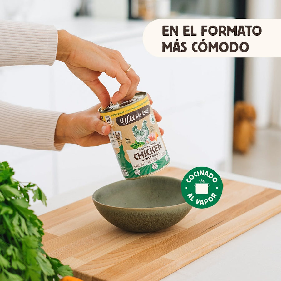 Ração Wild Balance BARF de Frango e Vegetais em lata, 400g, para cães.
