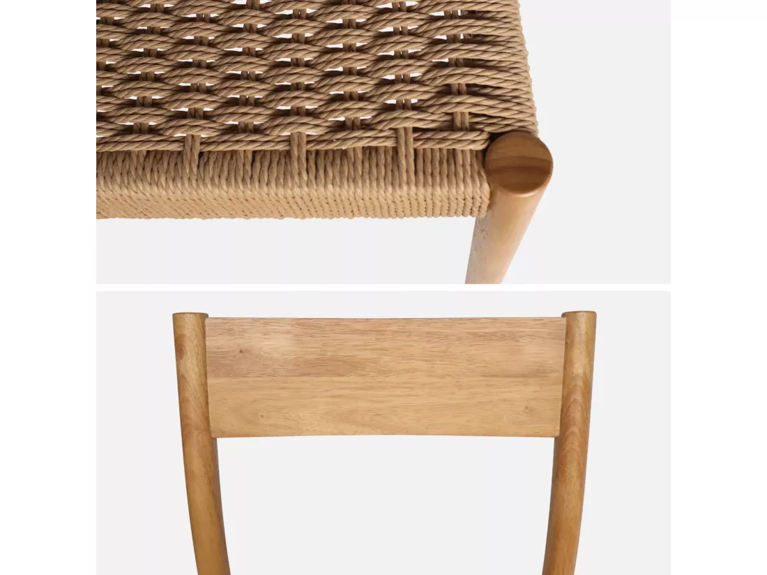 Lot de 2 chaises naturelles en bois et cordage. Ella. L 49.5 x P 53 x H 82cm