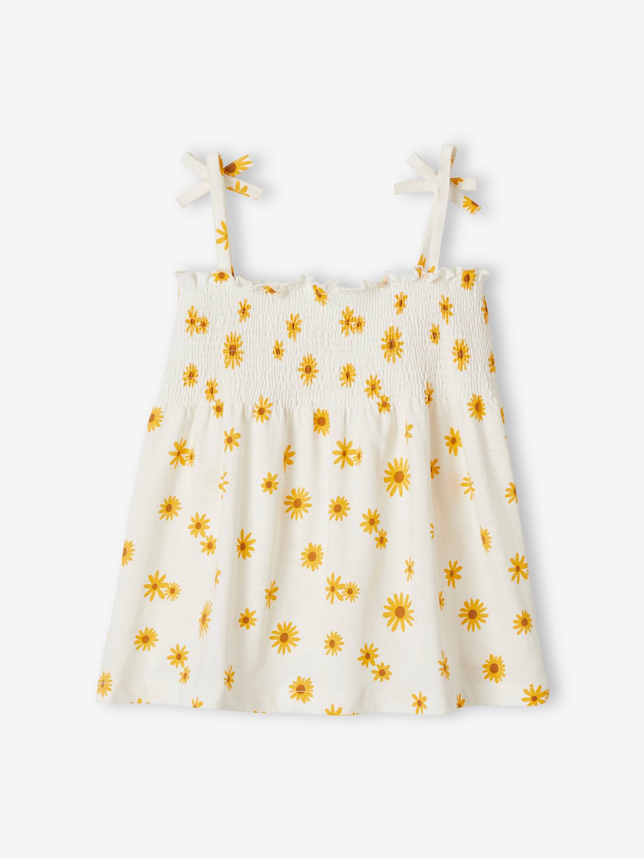 Camiseta sem mangas com detalhes franzidos e estampa floral, para meninas, branca, tamanho médio.