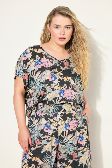 Blusenshirt, oversized, Tropical-Print, V-Ausschnitt