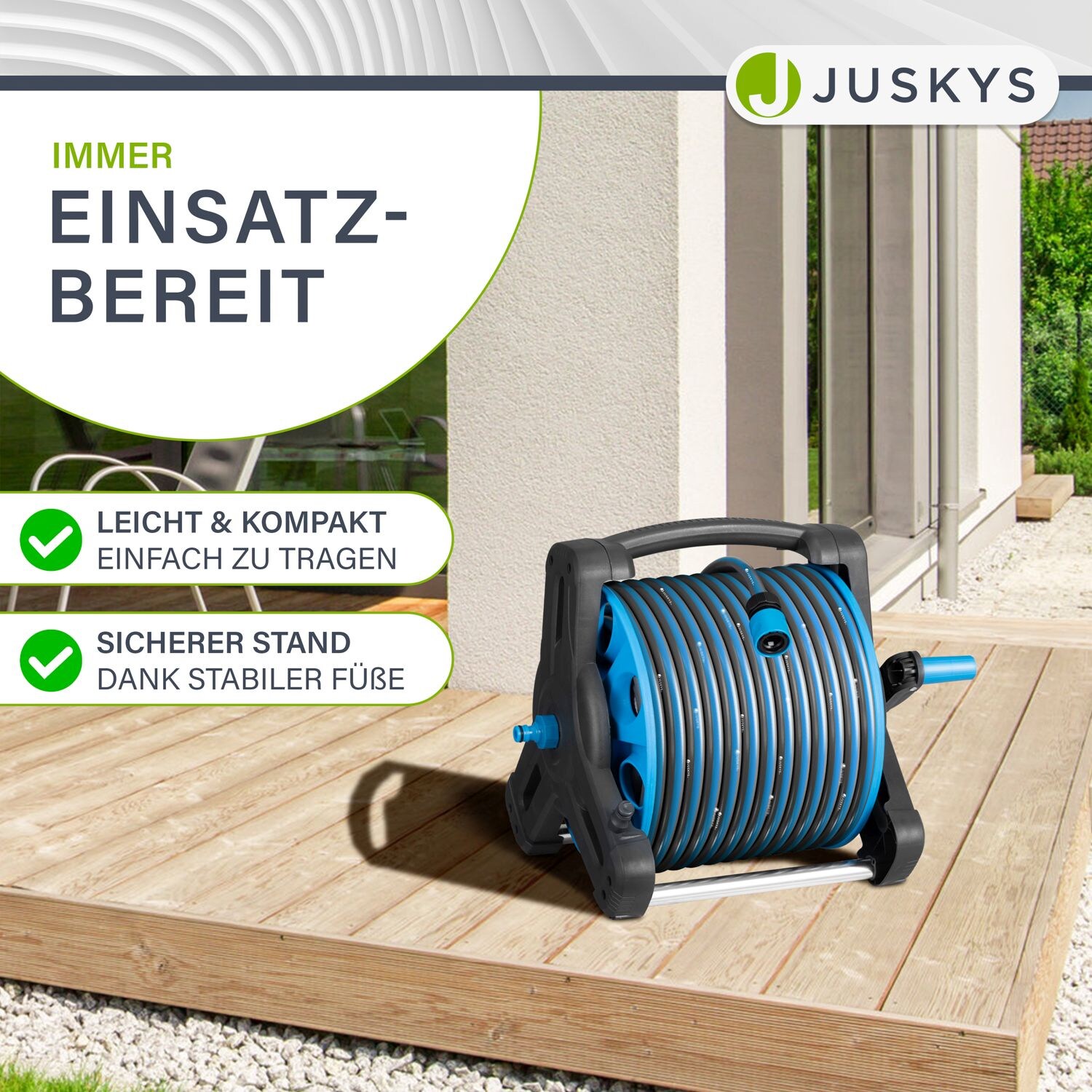 Juskys Schlauchtrommel Basic mit 30 m Wasserschlauch, Multifunktionsbrause und Halterung – Blau Grau