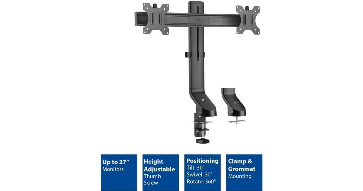 ACT ConnectivityMonitorarm office, op voet met gasveer, crossbar, 2 schermen  (Zwart)