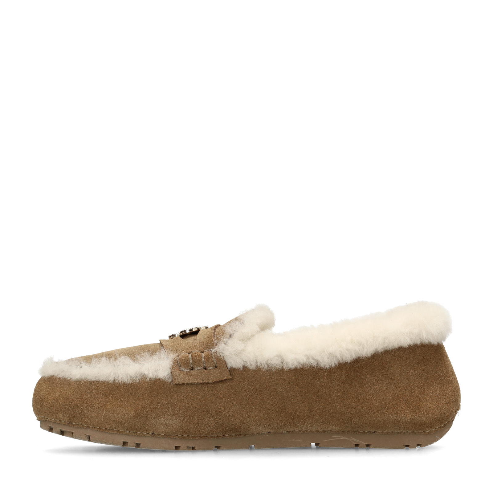Taupe suède pantoffels met bontrand