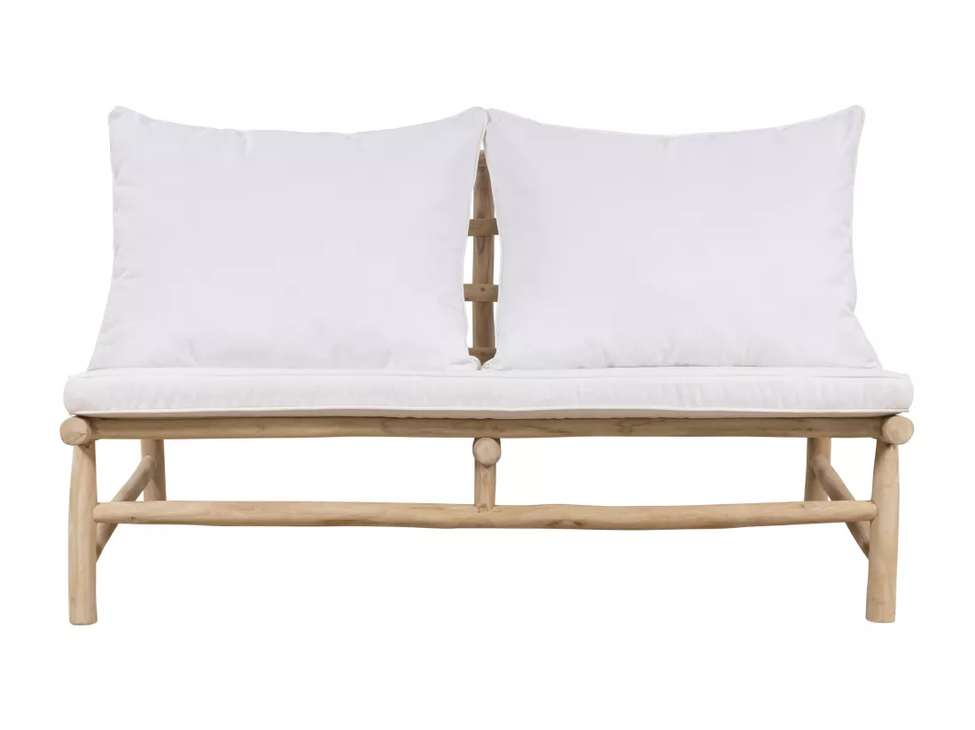 Salon de jardin en teck : un canapé 2 places, 2 fauteuils et une table basse ronde - Naturel clair et blanc - TULUM de MYLIA