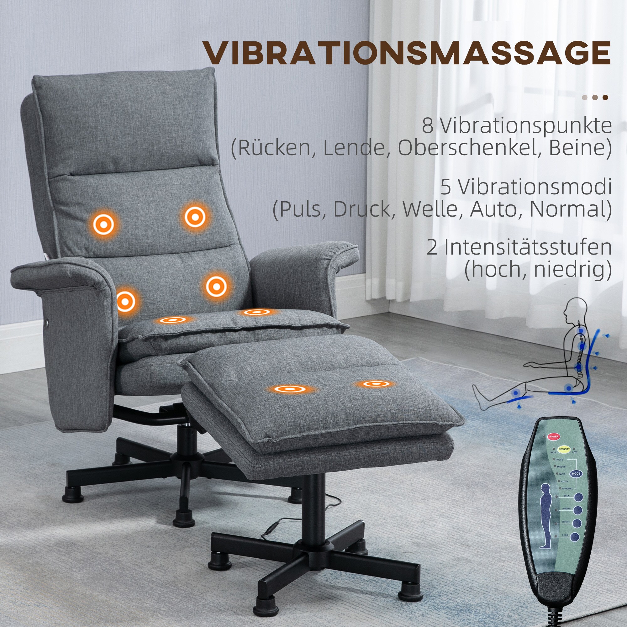 HOMCOM Massagestuhl mit Fußhocker grau 78L x 81B x 99H cm