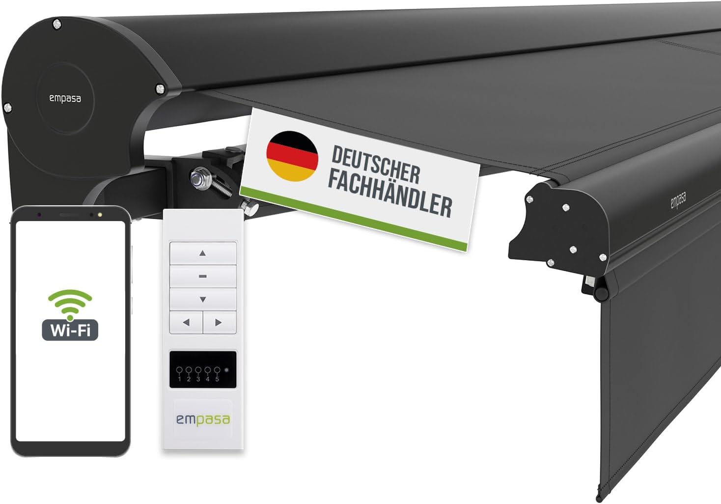 empasa elektrische Kassettenmarkise Expert Plus Markise mit WiFi-Motor Smart Home kompatibel, Terrassenüberdachung mit Volant, komplett vormontiert, Größe:3 x 2.5 m, Stofffarbe:anthrazit