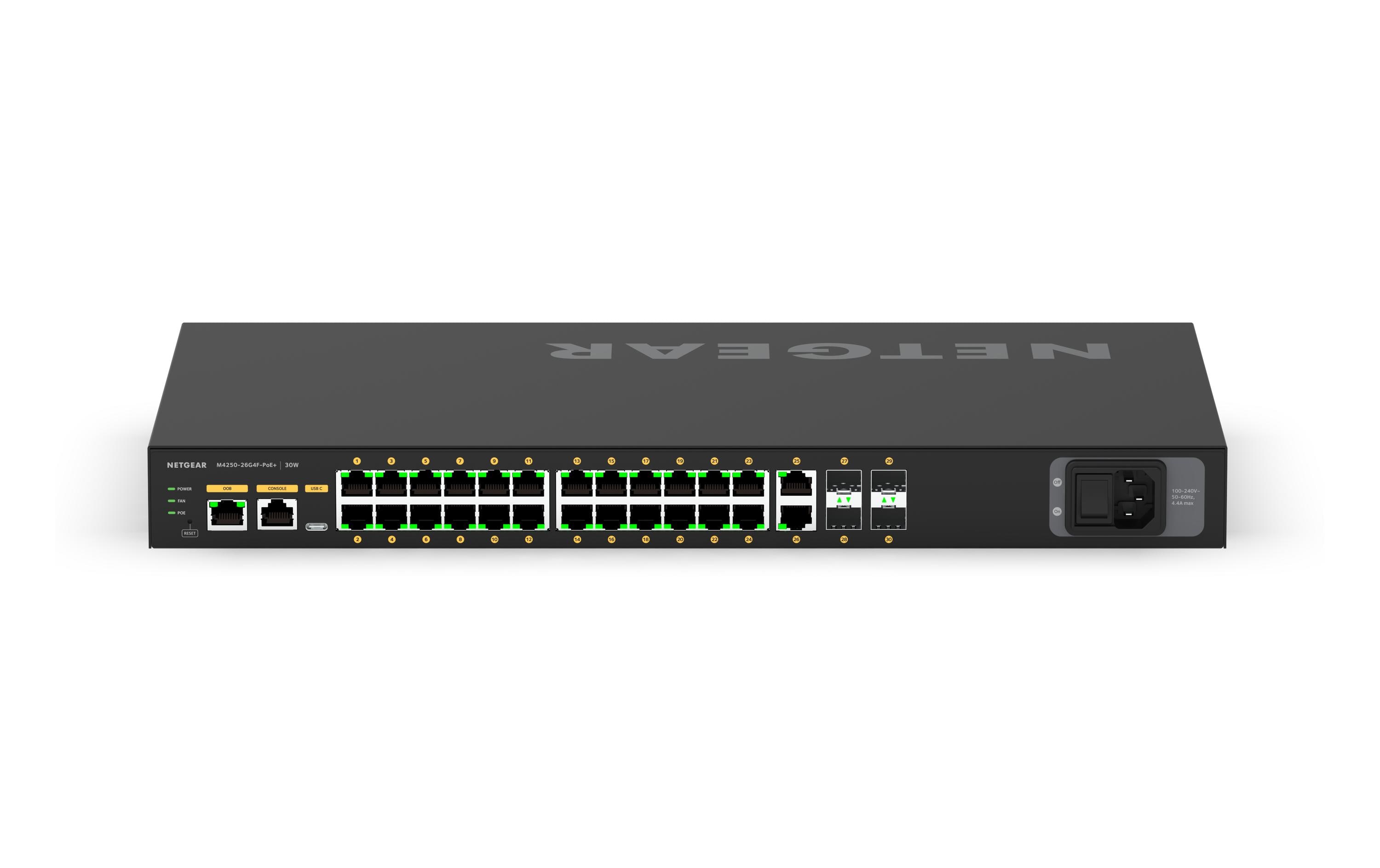 PoE+ Switch AV Line M4250-26G4F-PoE+ 28 Port<br>NETGEAR AV Line M4250-26G4F-PoE+ 24x1G PoE+ 300W 2x1G und 4xSFP Managed Switch (GSM4230P)