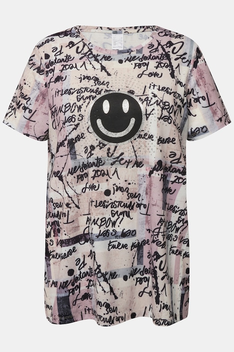 T-Shirt, oversized, Scribble-Muster, Smiley, Rundhals, Halbarm