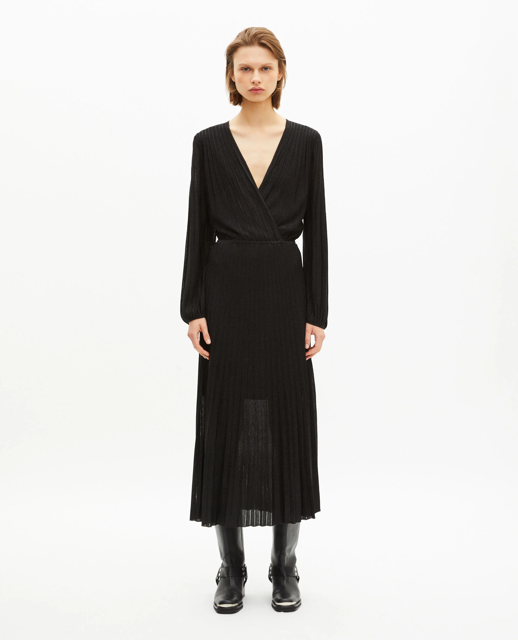 Robe longue plissée en lurex noire